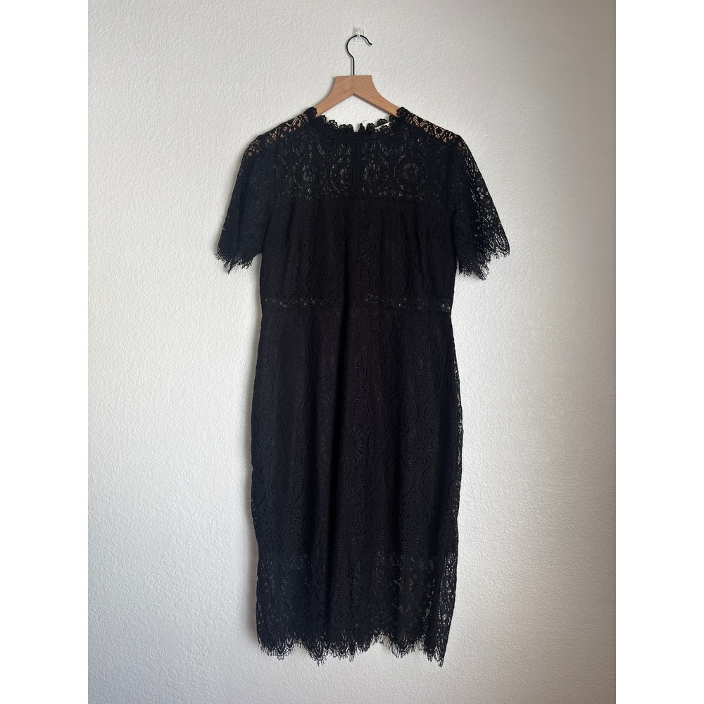 Miami Black Floral Lace Midi Sheath Dress Short Sleeve Eyelash Trim — Size L